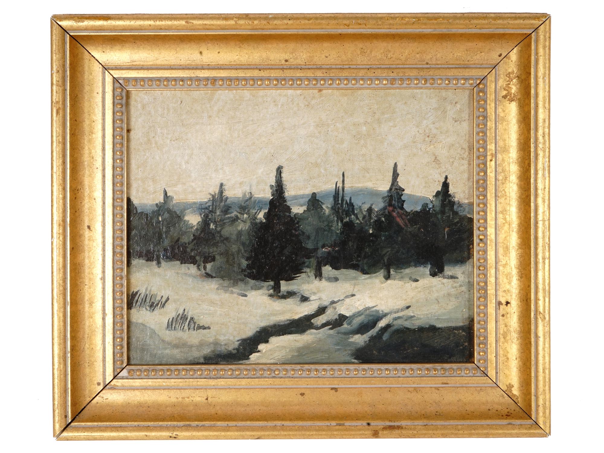 ANTIQUE WINTER LANDSCAPE OIL PAINTING ON BOARD PIC-0